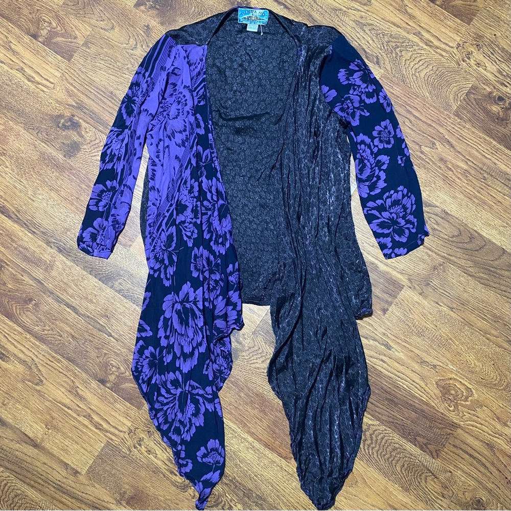 Tienda Ho Kimono Open Cardigan Free Sz Purple Black Floral Boho Lagenlook Hippie